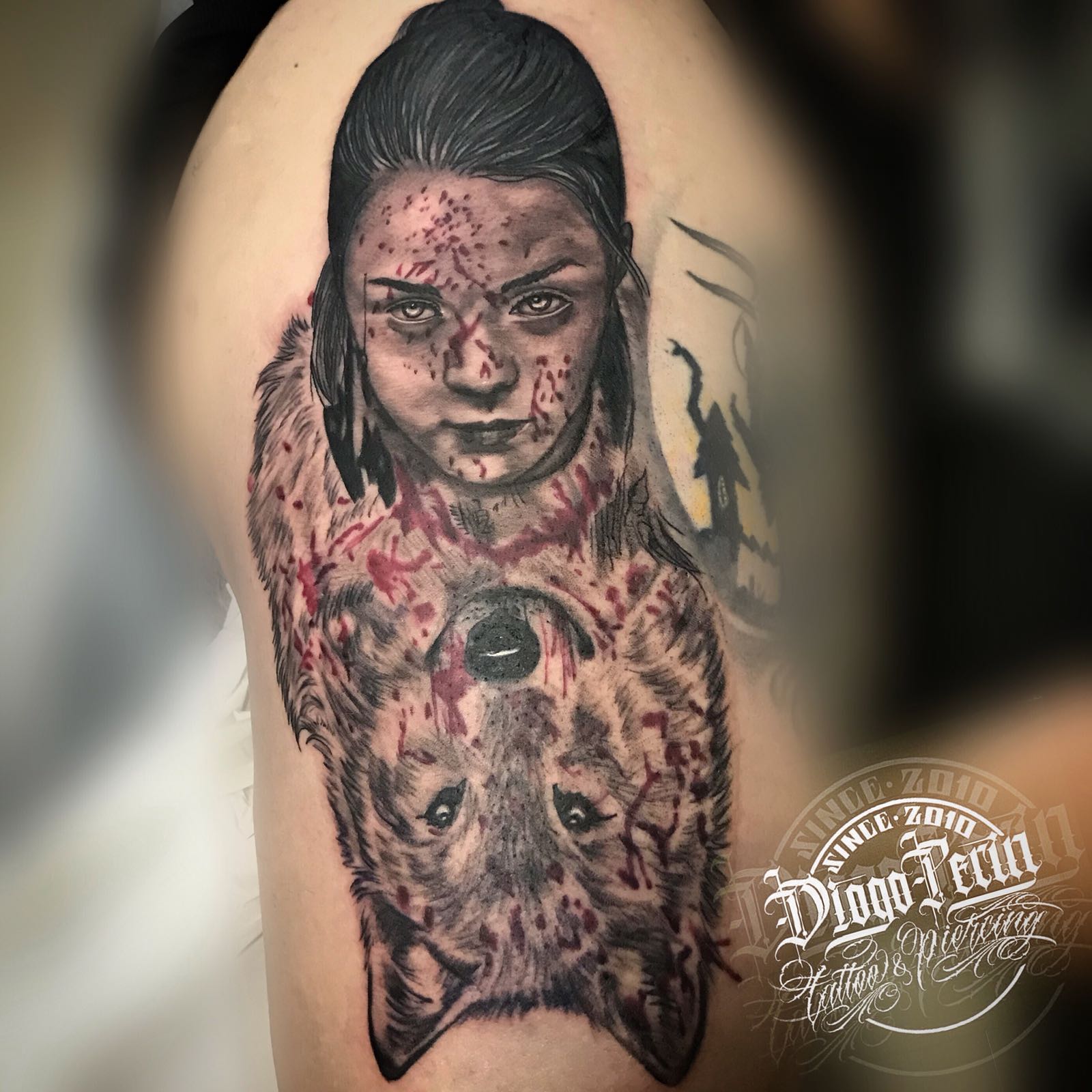 Tatuaje realizado por @diogoperin #blackandwhite #gameofthrones #ariastark #wolf #tattoospain #tattooalicante #tattoosantapola