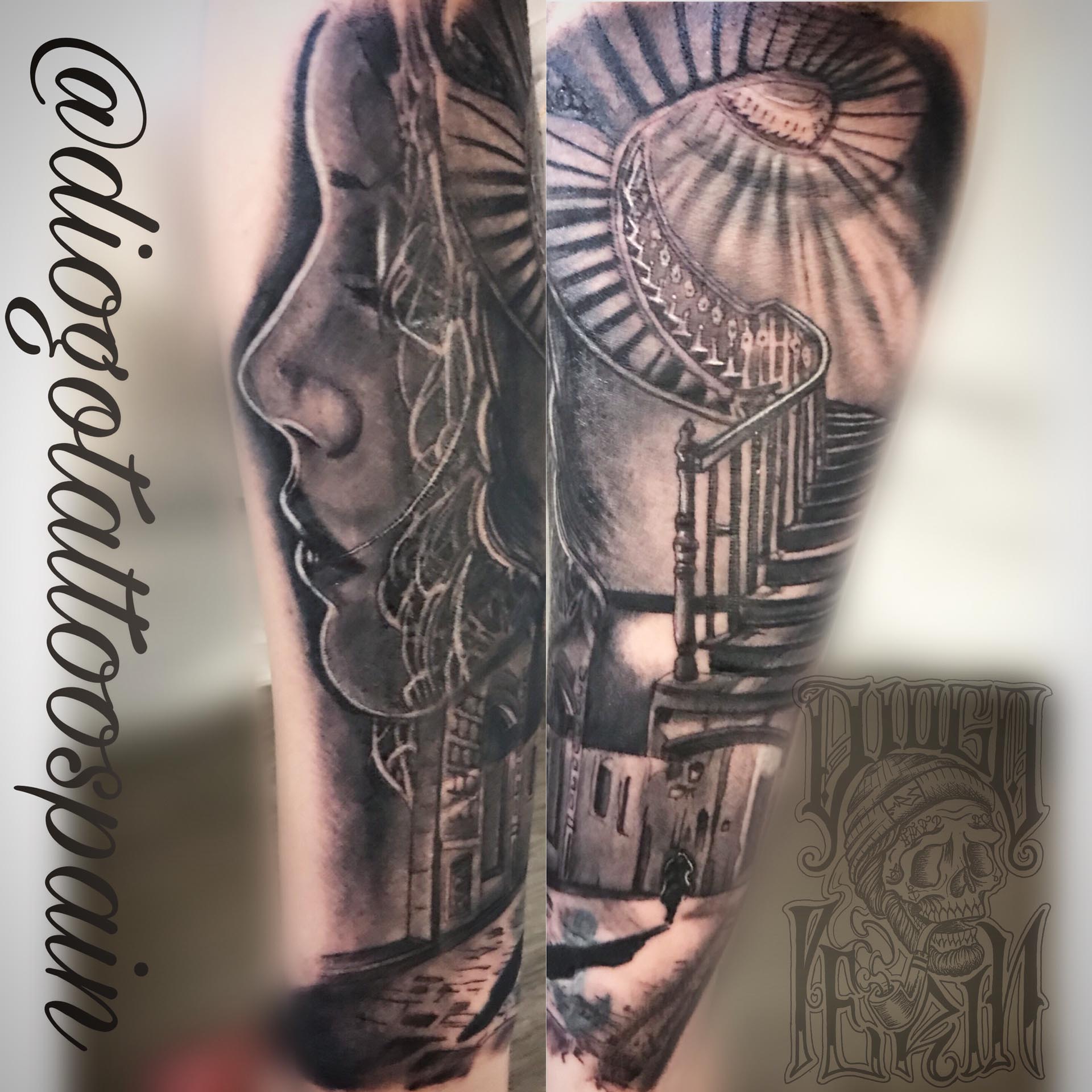 tatuaje realista mujer escalera sombras byn blanco y negro tattoo realistic tattoo tatuaje alicante
